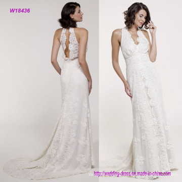 New Arrival Deep V-Neck Halter and Open Back Wedding Dress